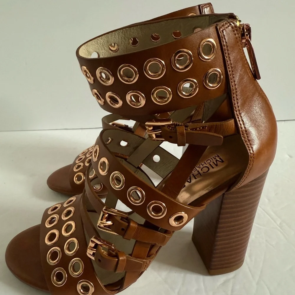 Michael Kors Brown Chunky Studded Edgy Heeled Gladiator Leather Sandals Size 5.5